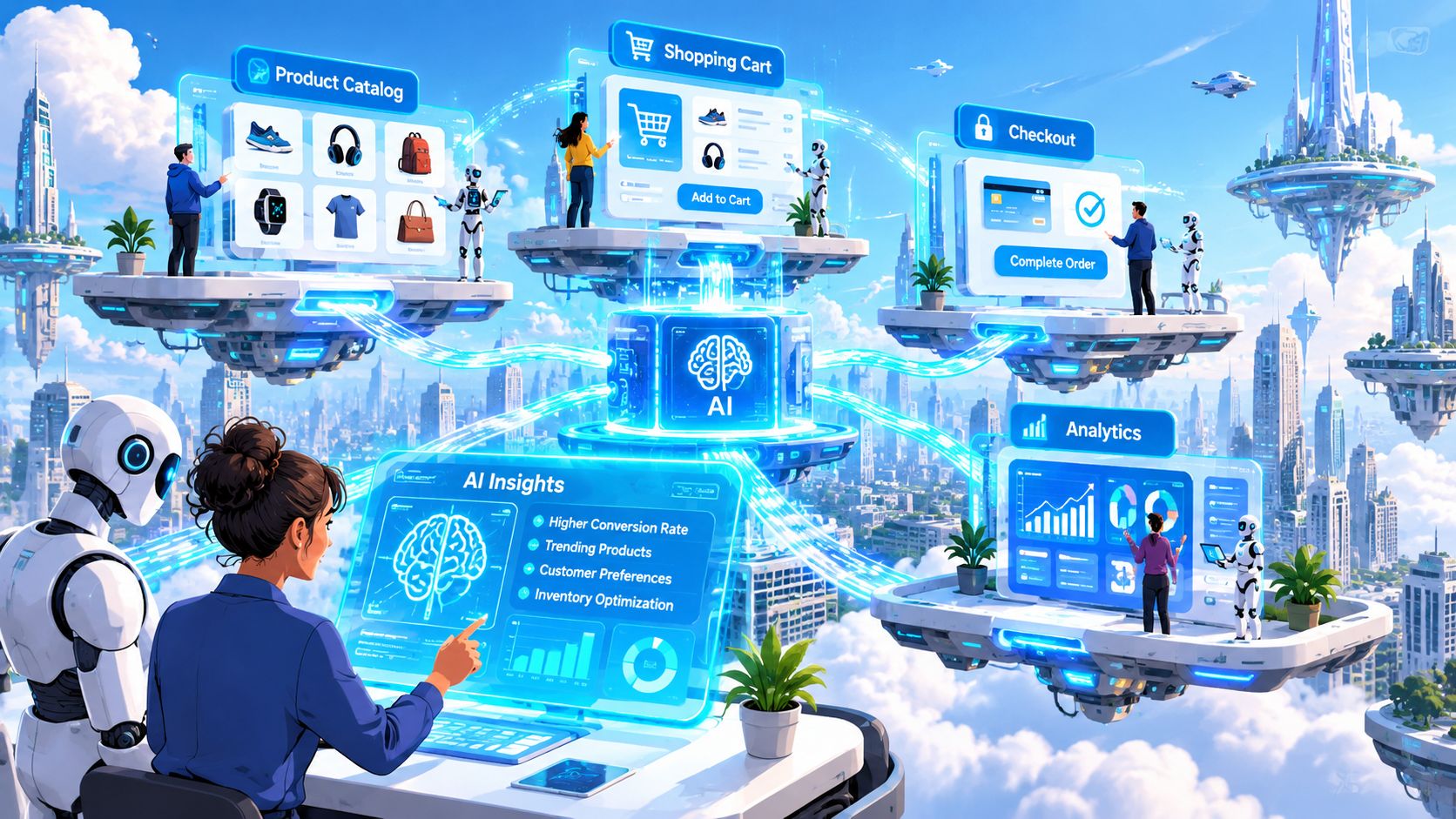 A futuristic depiction of an AI system integrating Shopify e-commerce components, including catalog, cart, checkout, and analytics.