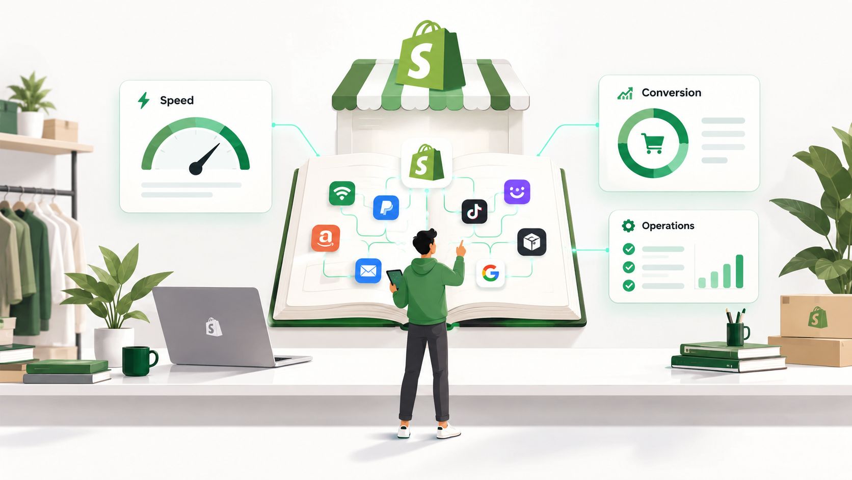 A person standing before an open book showing various e-commerce app integrations for a Shopify store platform.
