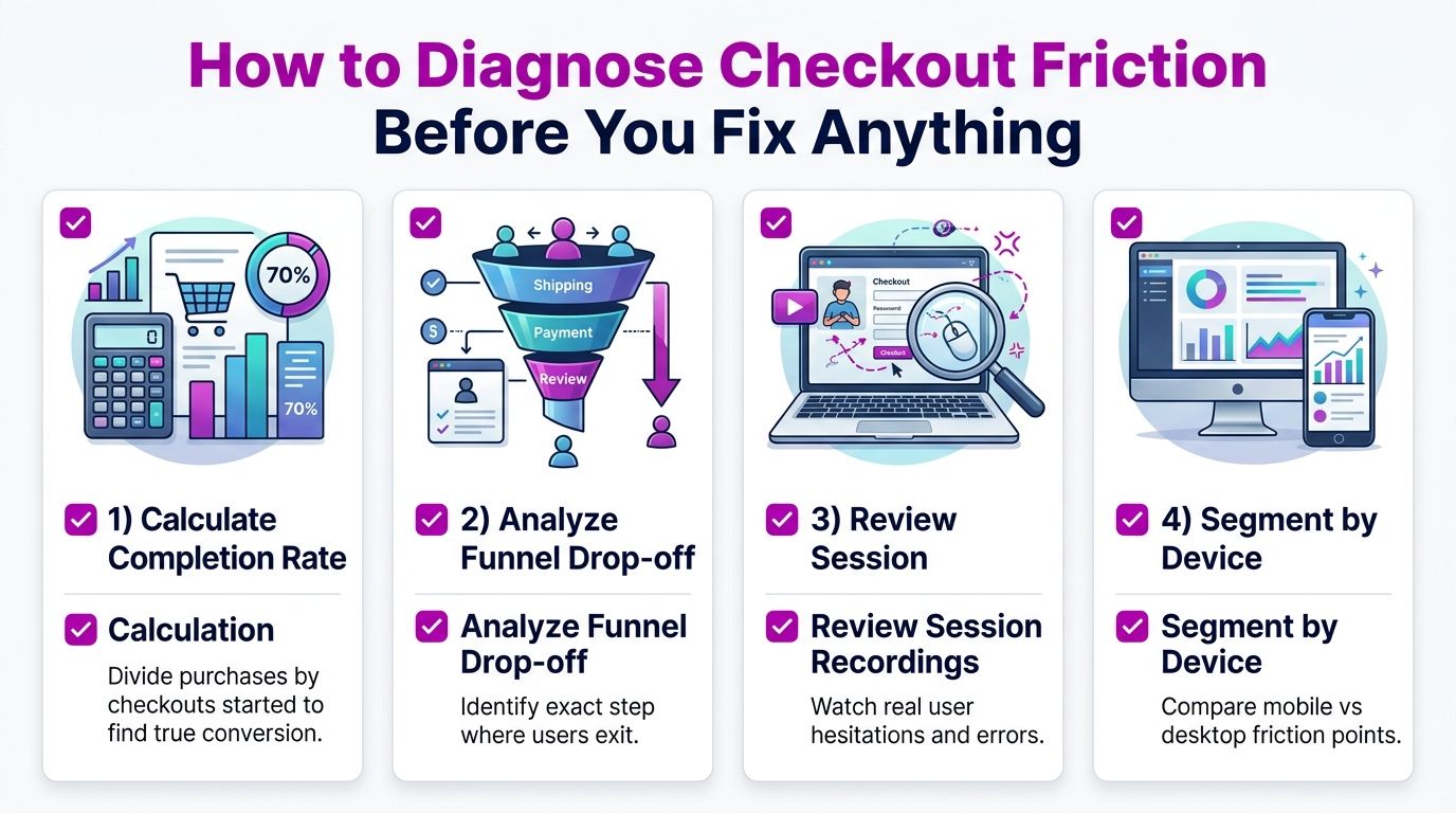 A four-step infographic showing how to diagnose e-commerce checkout friction with analytics and user behavior tracking.