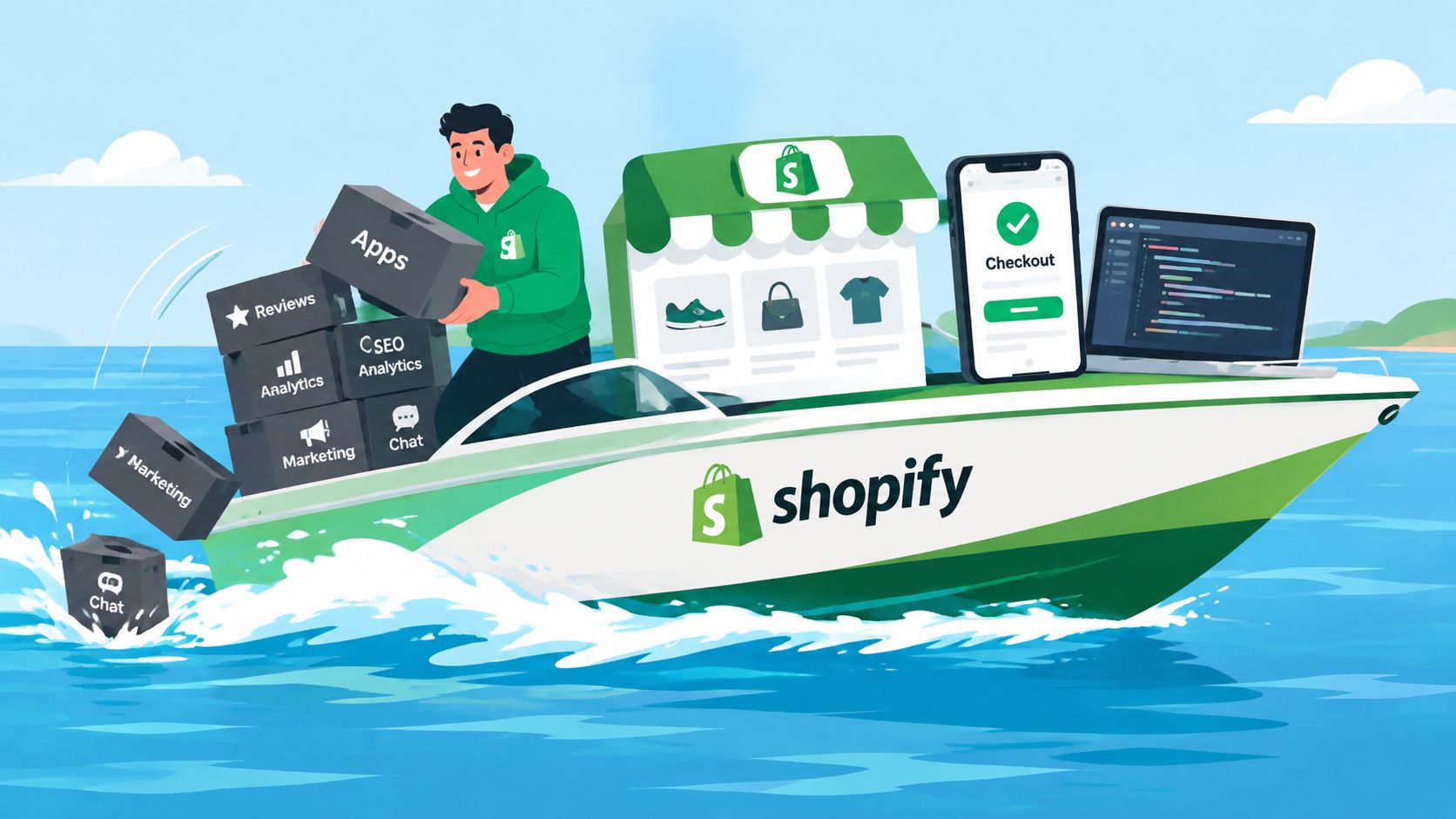A person in a Shopify hoodie on a boat with boxes representing digital marketing and e-commerce tools.