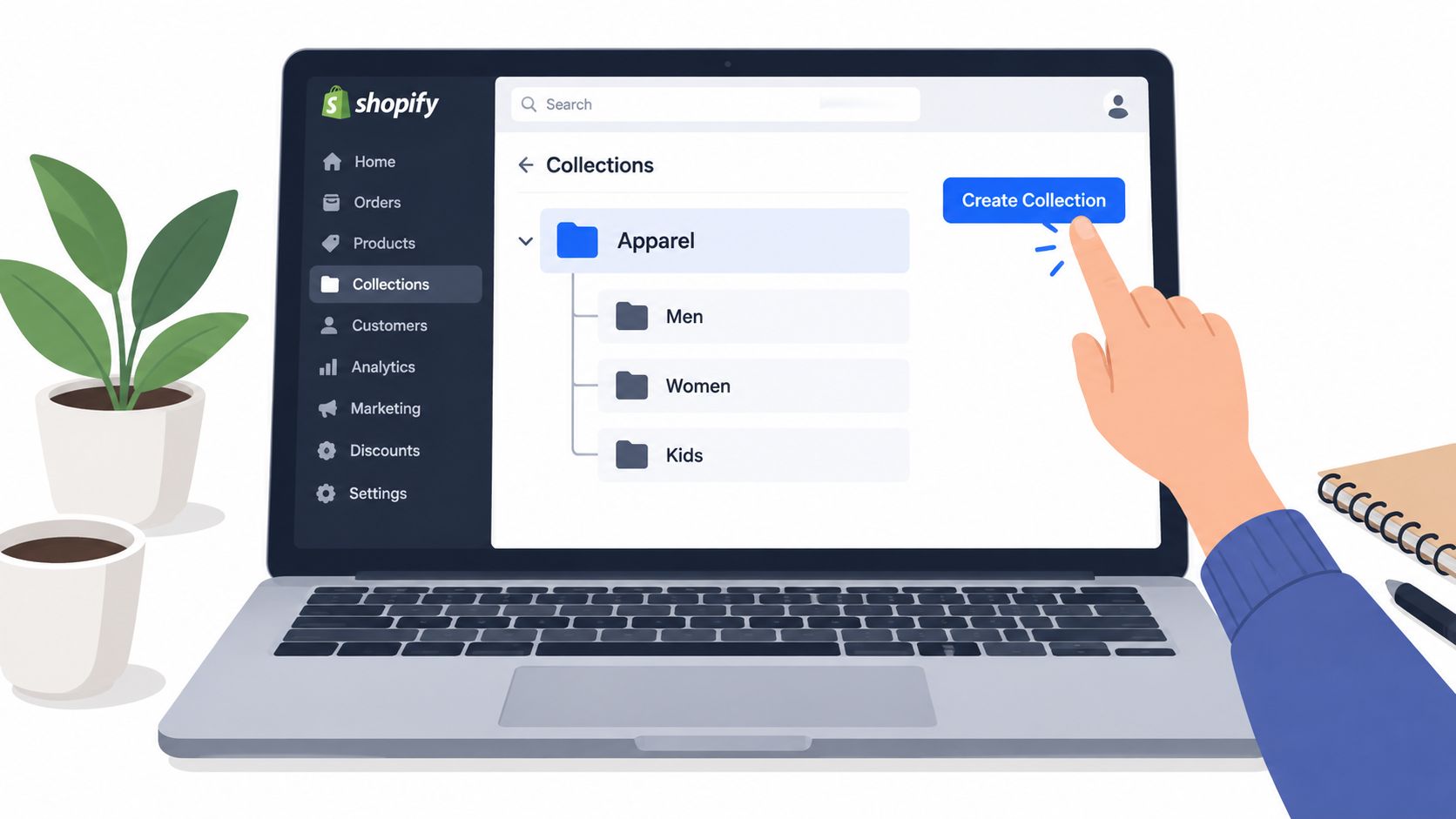 A digital illustration showing a hand clicking the create collection button in the Shopify dashboard interface.