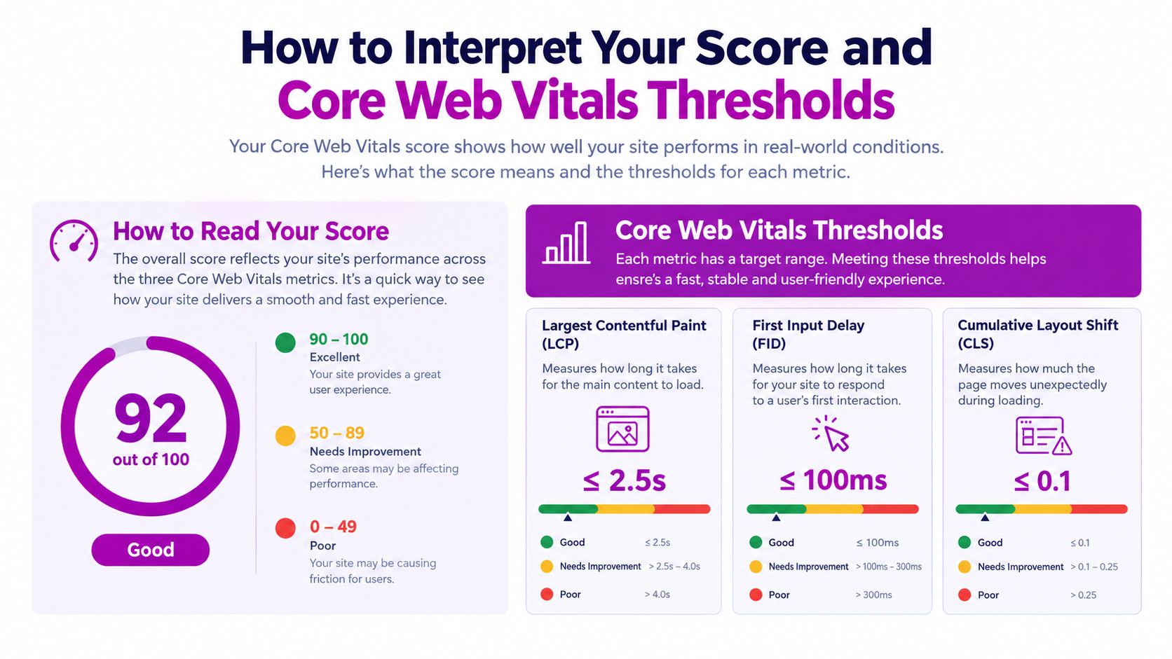 An infographic explaining Core Web Vitals thresholds including LCP, FID, and CLS performance score benchmarks.