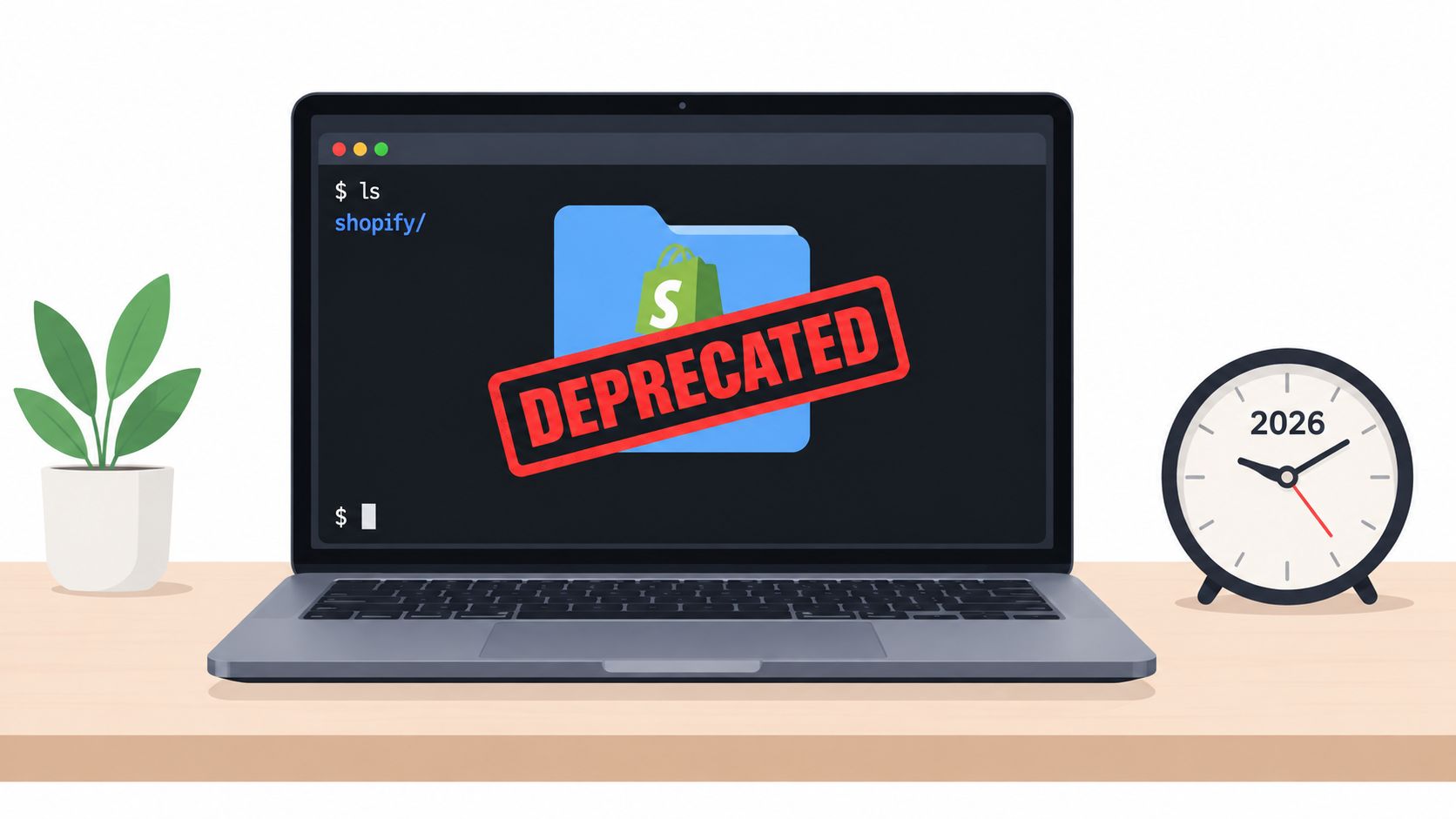 A laptop on a desk showing a terminal and a deprecated Shopify folder icon with a clock.
