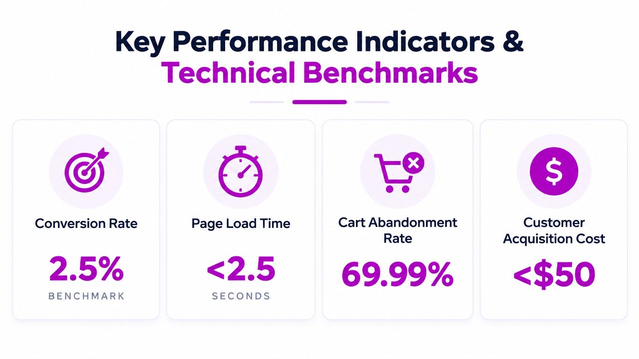 A graphic displaying four key performance indicators for e-business: conversion rate, page load time, cart abandonment, and acquisition cost.