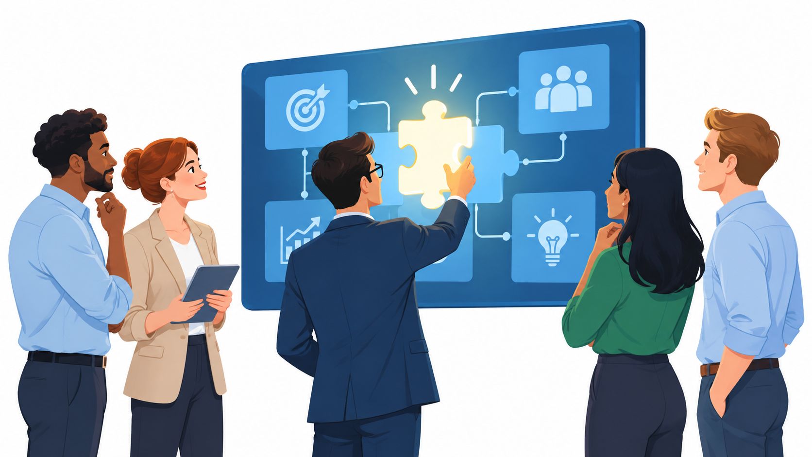 A professional team collaborating on business strategy implementation using a digital touch screen with puzzle pieces.