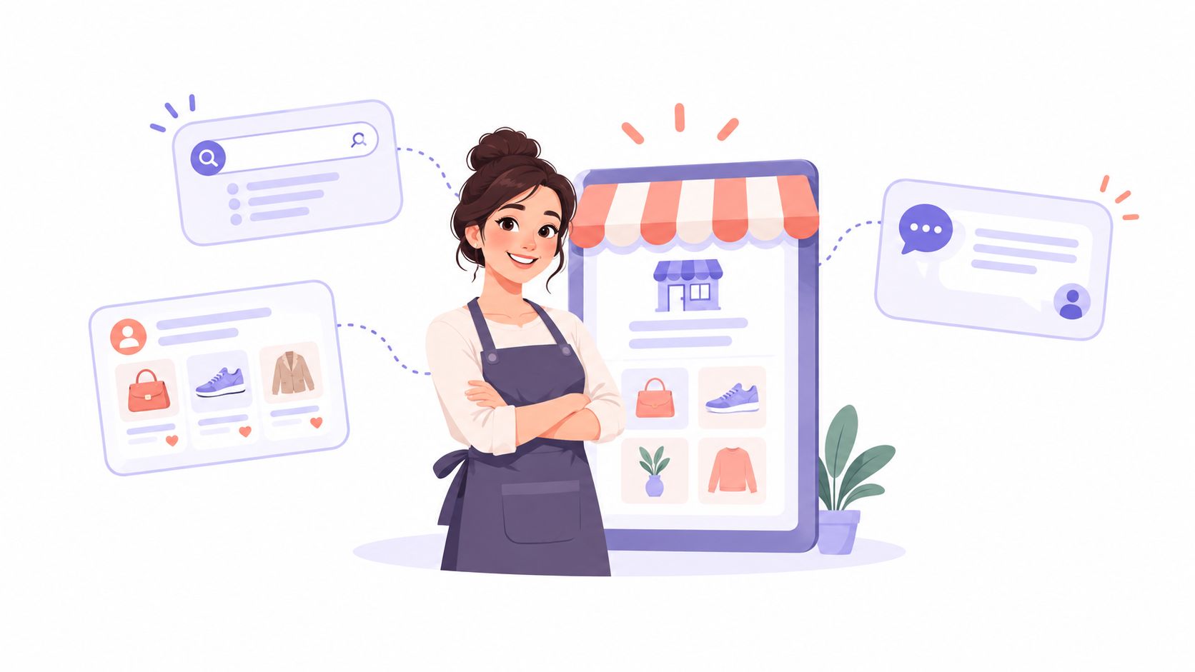 A friendly business owner standing in front of a digital storefront display representing AI commerce integration.