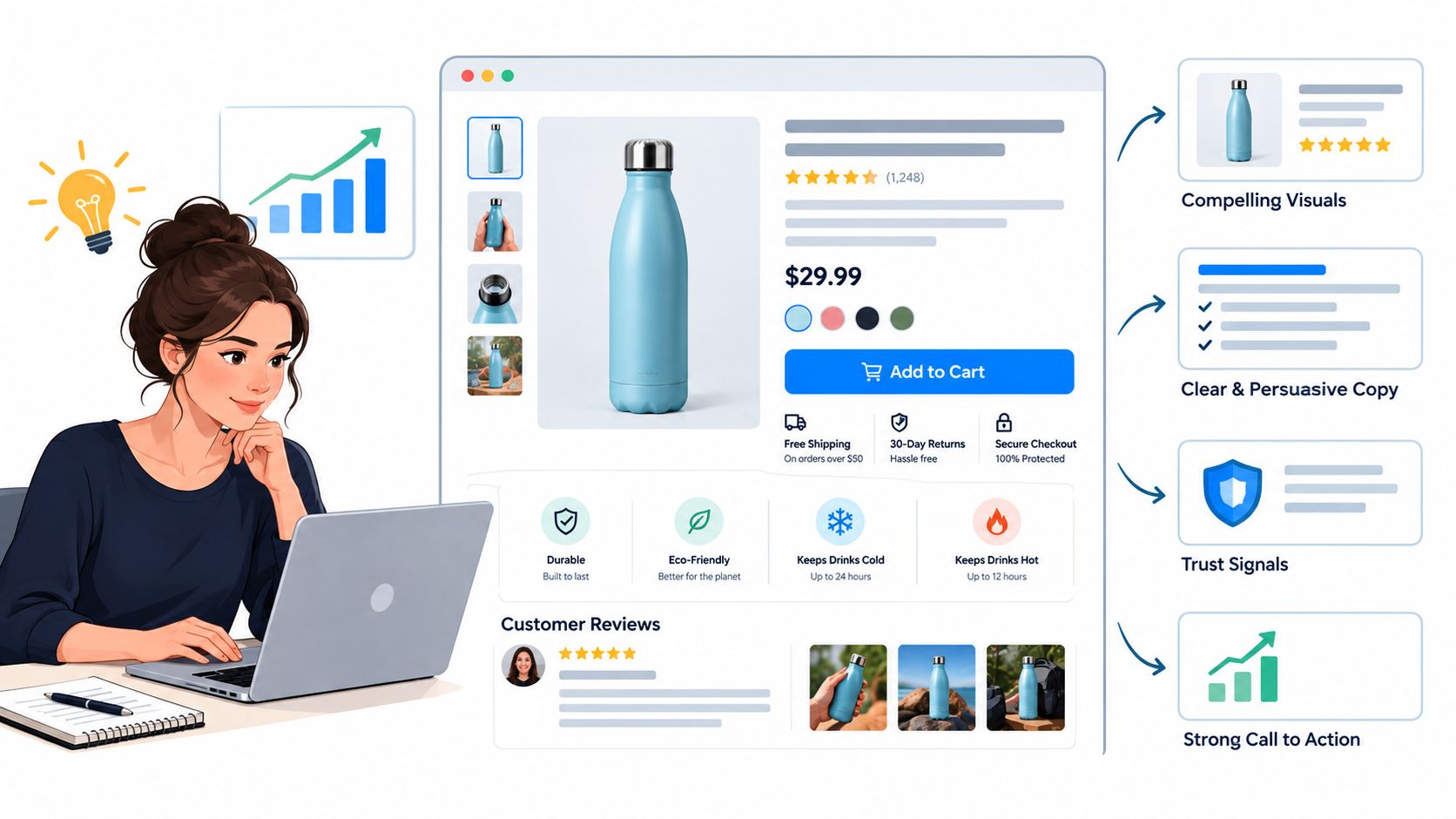 A woman working on a laptop showcasing key elements of a high-converting one product Shopify store design.
