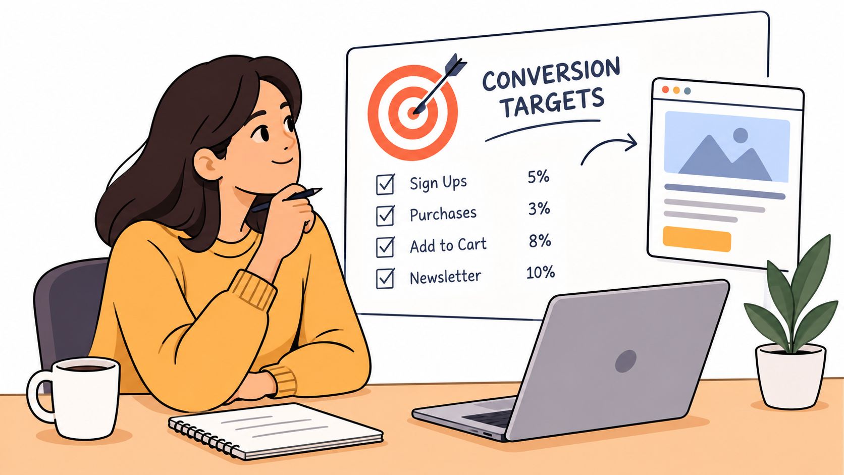 A professional woman planning conversion rate optimization strategies while looking at a whiteboard showing business targets.