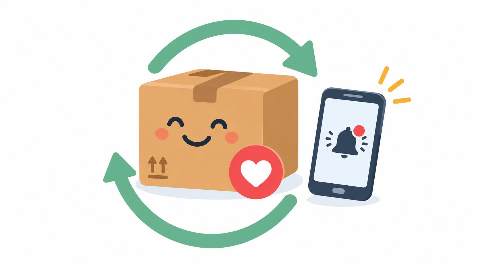 An illustration of a cardboard package with a smiley face icon beside a smartphone showing notification alerts.