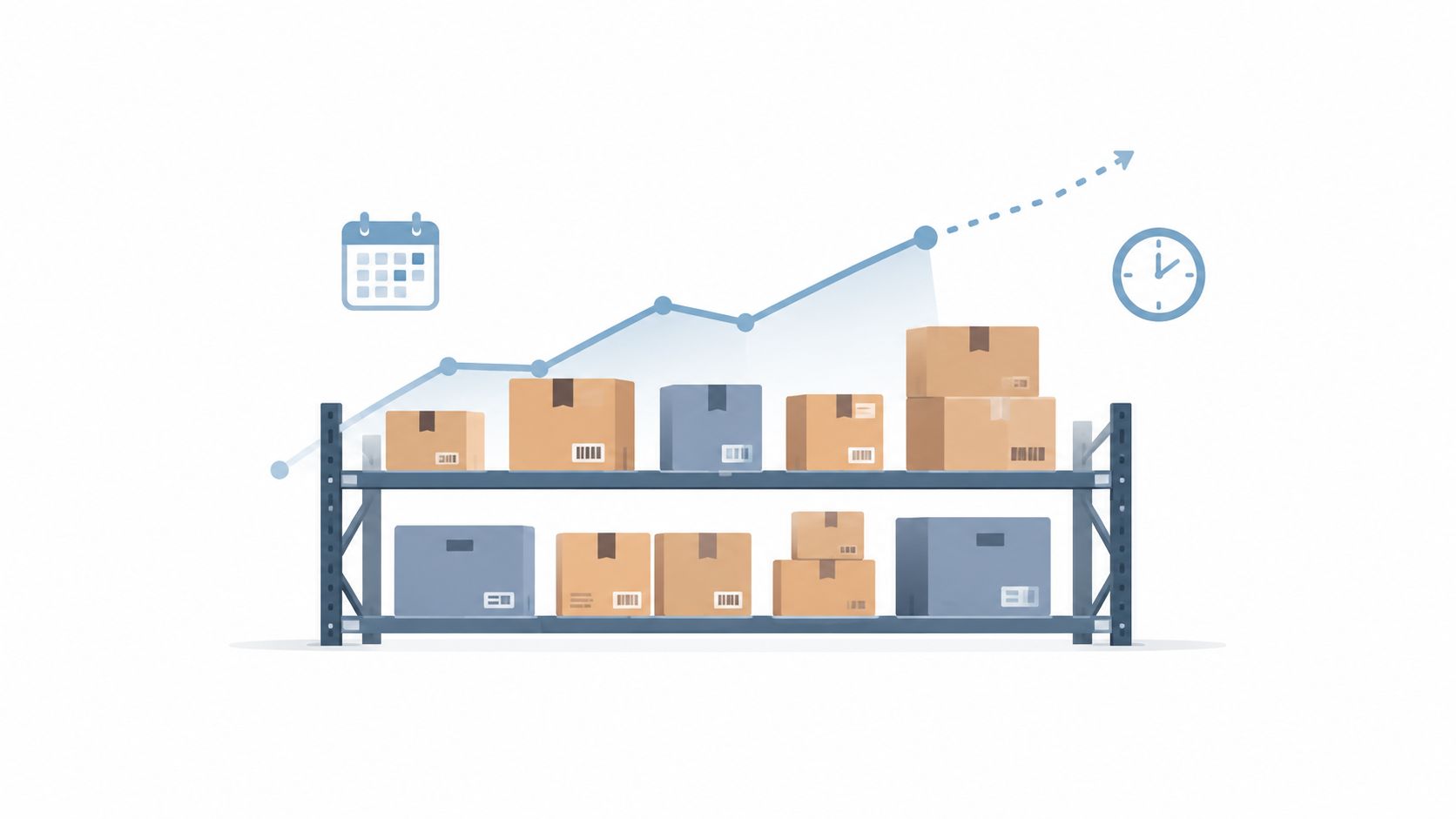 A digital illustration showing cardboard boxes on warehouse shelves with a rising growth graph and icons.