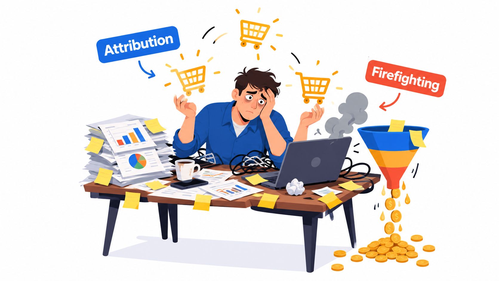 A tired, stressed entrepreneur overwhelmed by data, shopping carts, and marketing funnel troubleshooting at a messy desk.