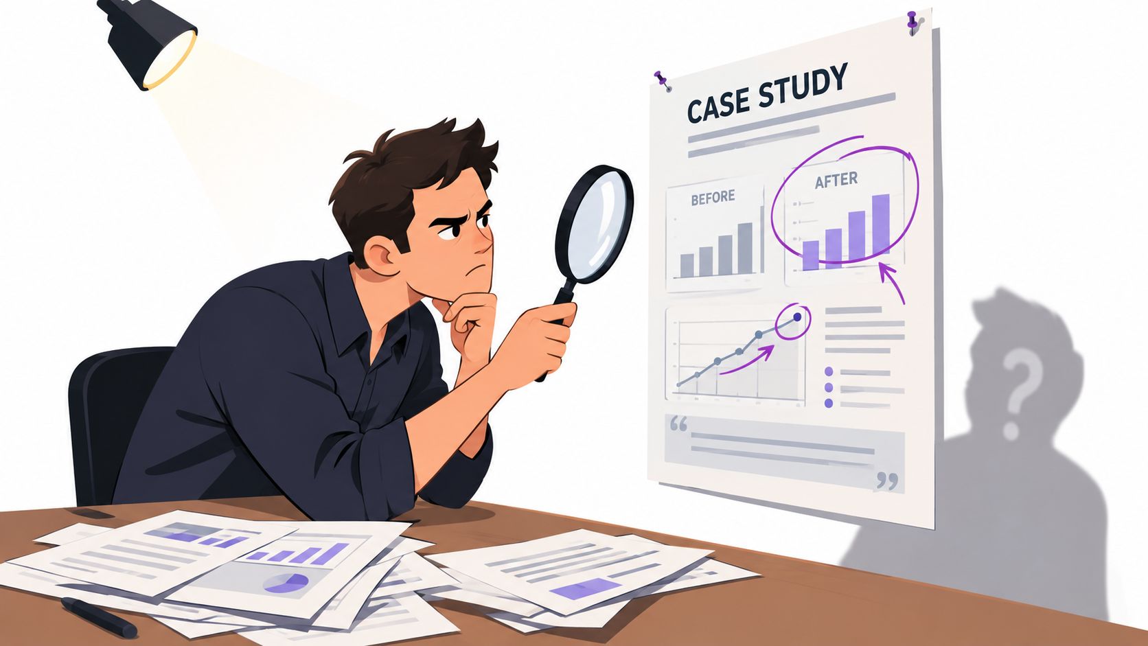 A focused professional examining business case study data with a magnifying glass to improve growth results.