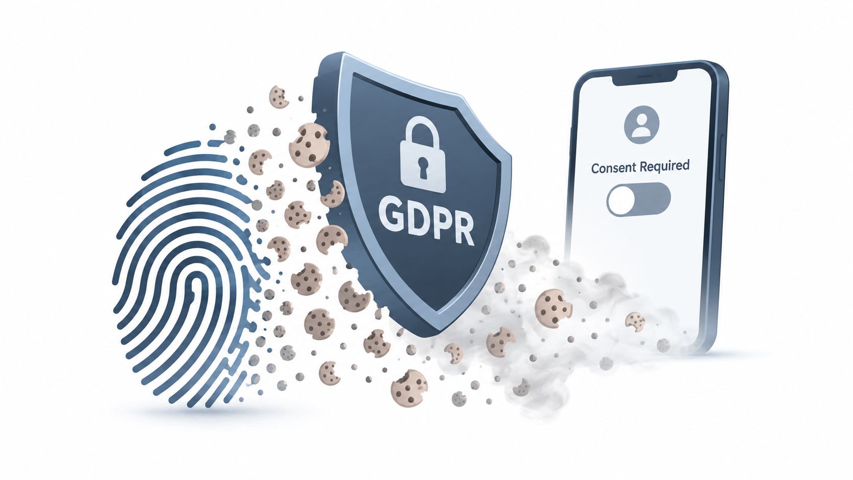 A conceptual illustration of GDPR compliance showing a digital fingerprint, a security shield, and smartphone consent settings.