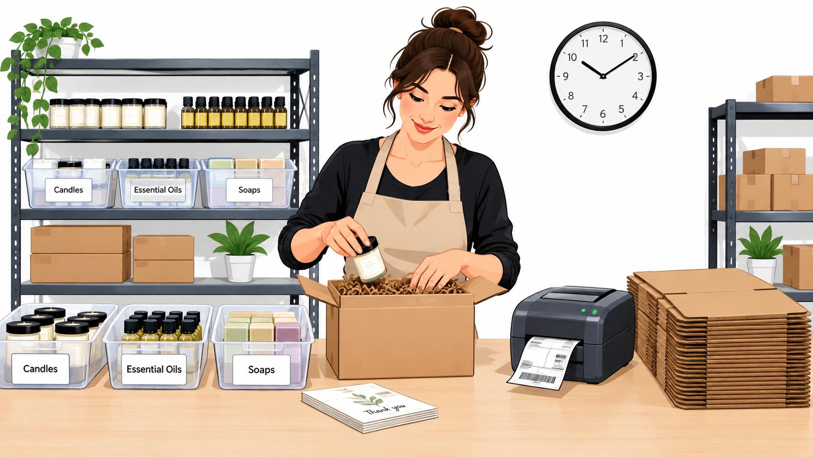 A small business owner packing a subscription box with handmade candles and soaps at her workbench.