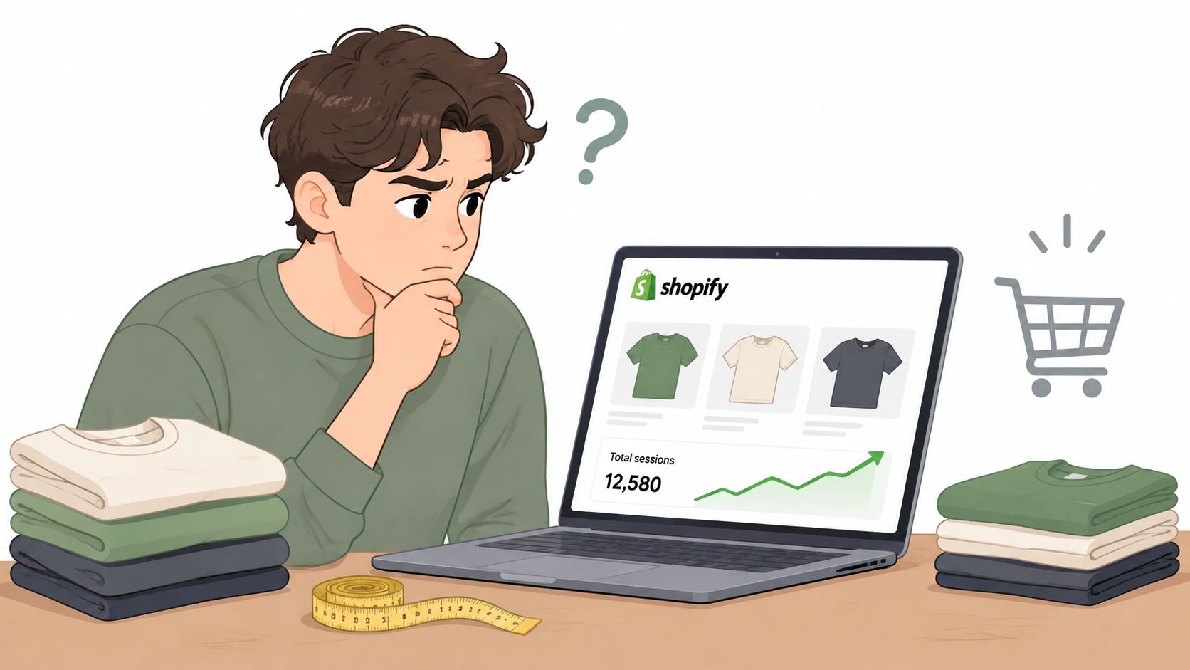 A thoughtful young entrepreneur looking at a Shopify clothing store dashboard with shirt stacks and measuring tape.
