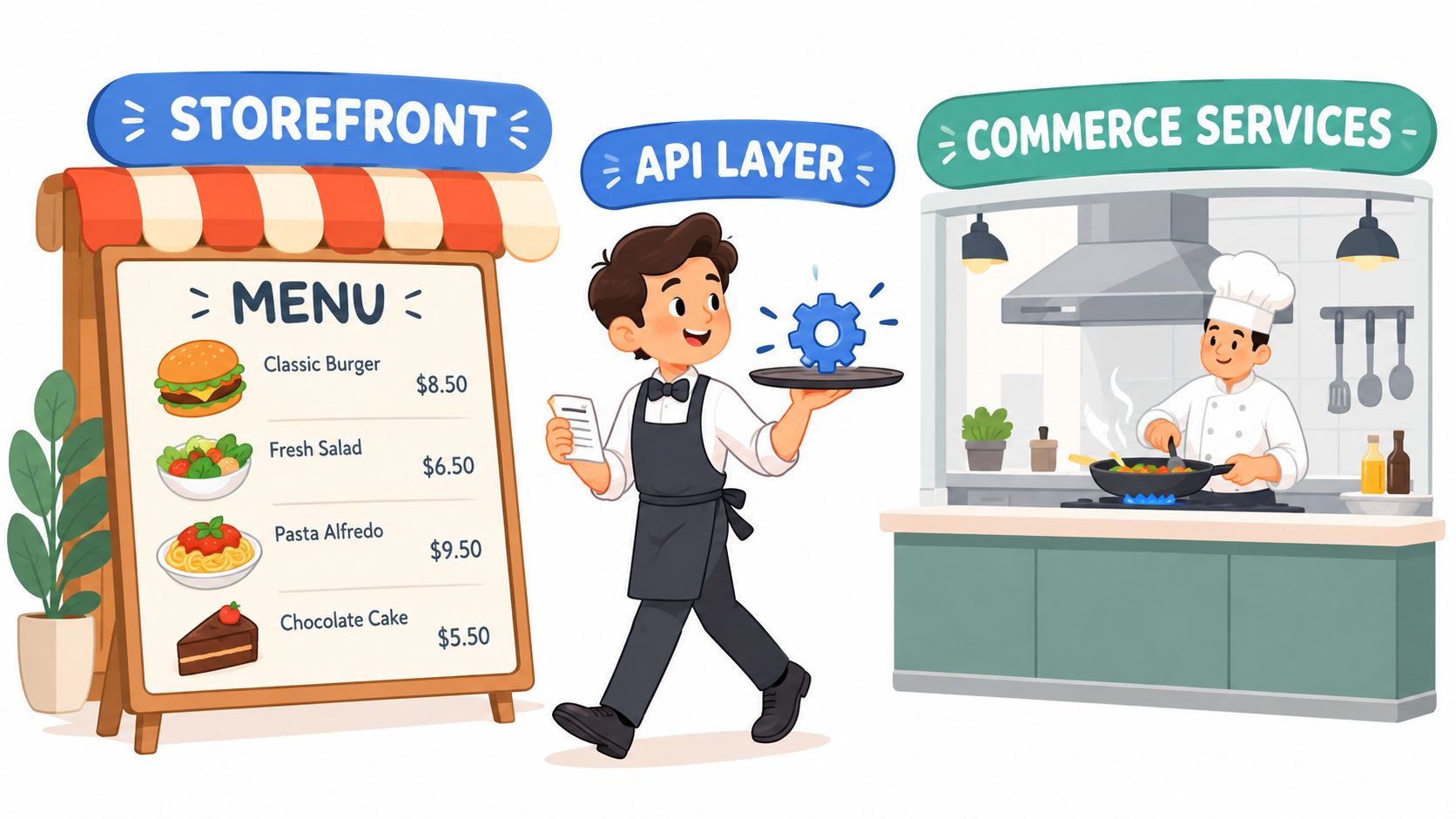 A digital illustration showing the metaphor of headless commerce with a storefront, API layer waiter, and services.