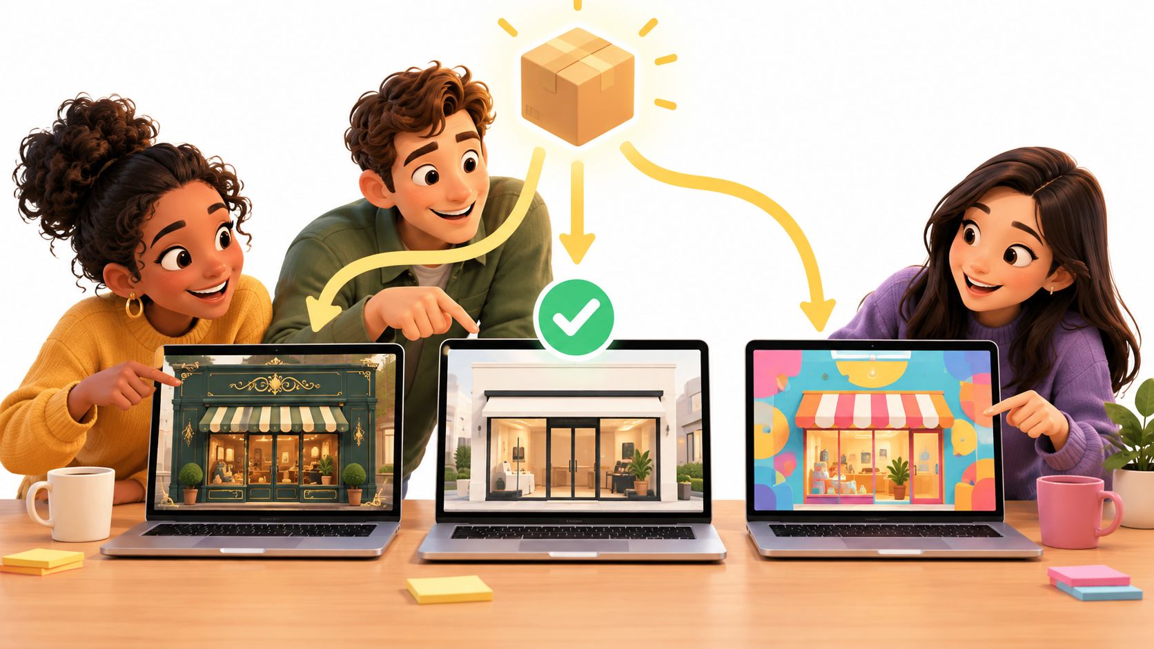 Three people pointing at three laptop screens displaying various ecommerce store designs and an online package icon.