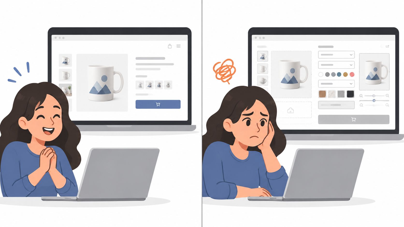 A split image contrasting a happy user on a simple e-commerce site versus a confused user.