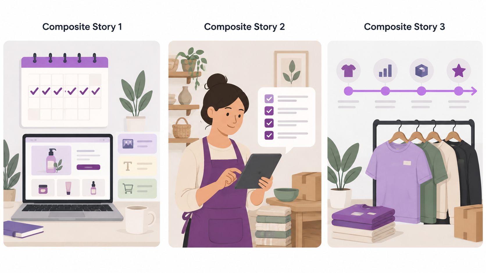 Three conceptual illustrations showing planning, managing inventory, and fulfilling orders for Shopify website design packages.