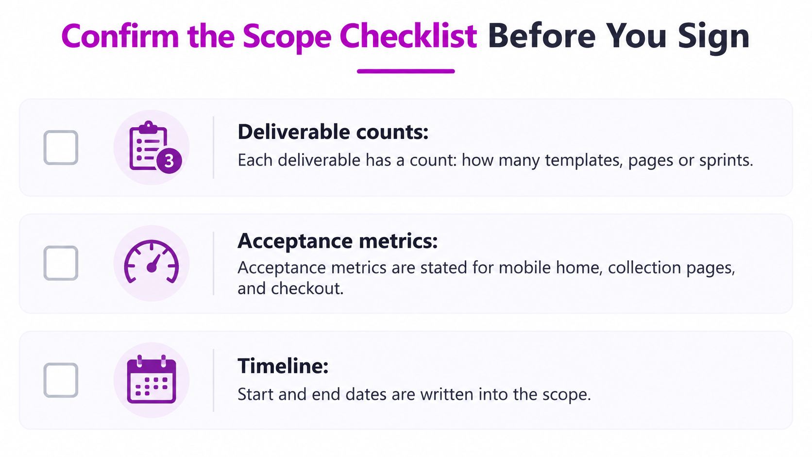 A checklist graphic titled Confirm the Scope Checklist Before You Sign showing three key project requirements.