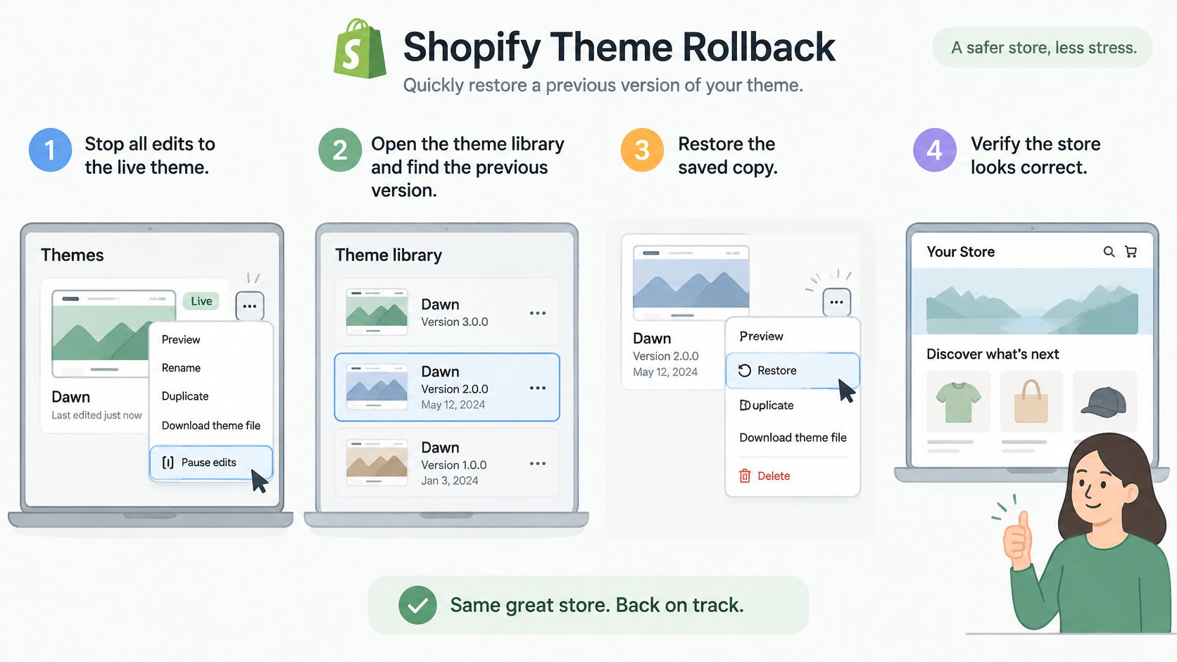 A four-step infographic explaining how to rollback to a previous version of a Shopify theme.
