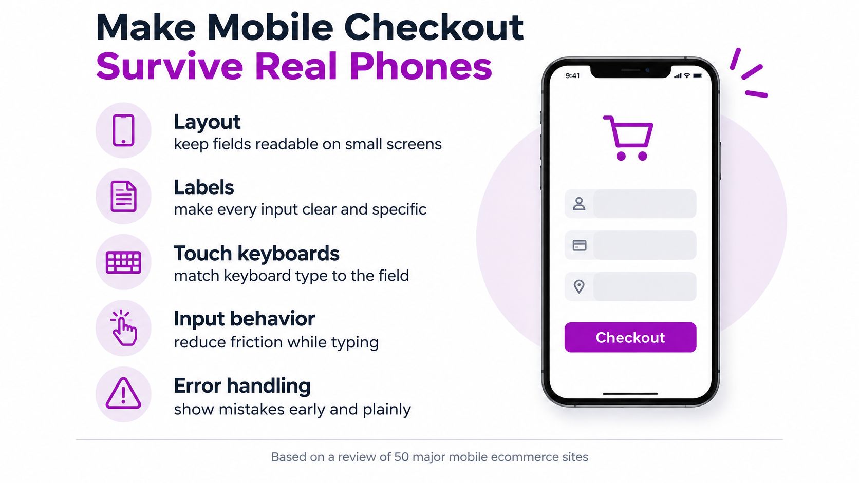A graphic providing five key tips for optimizing mobile checkout experiences for e-commerce websites on smartphones.