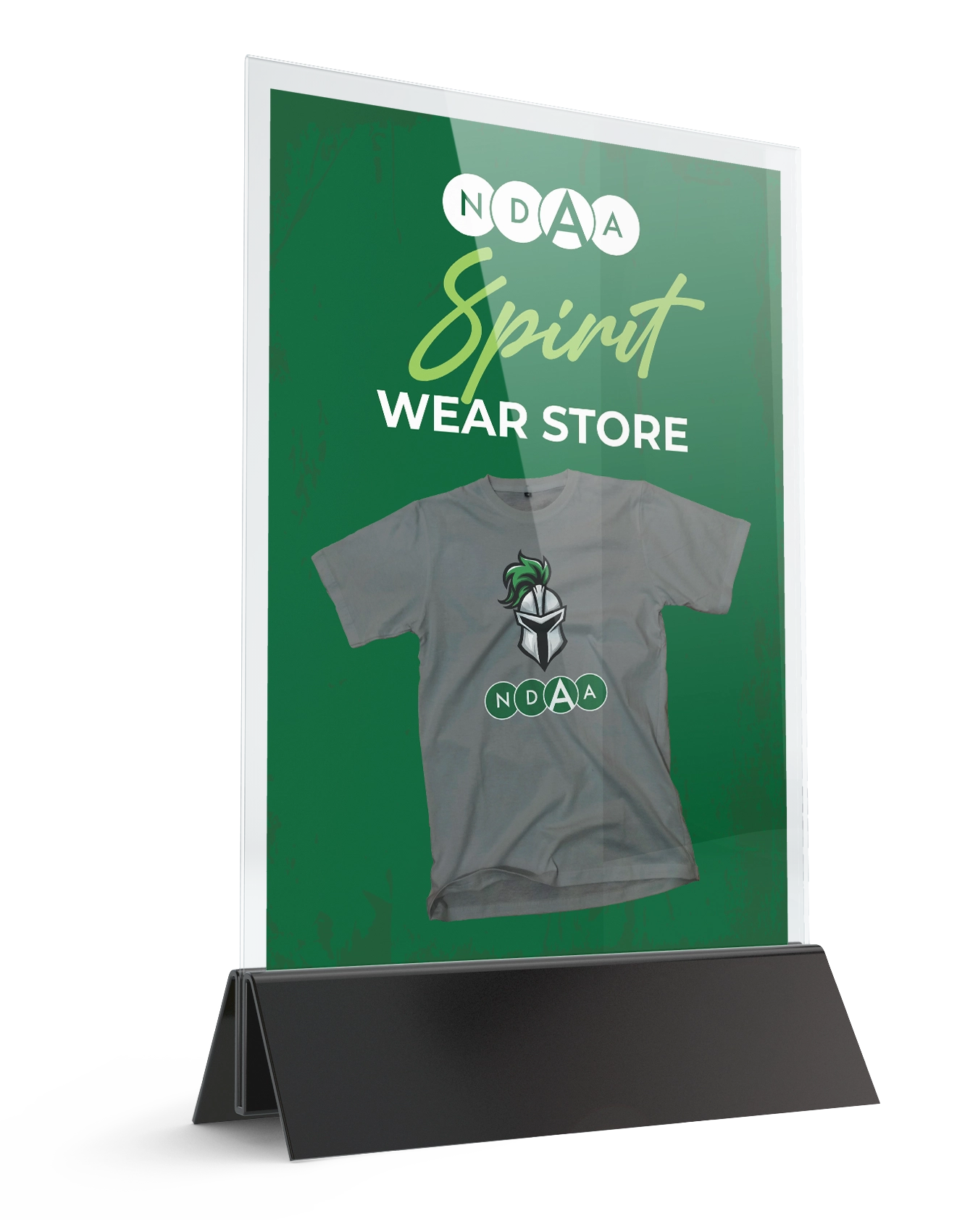 A flyer of the Spirit Wear Store in a menu clear plastic object.