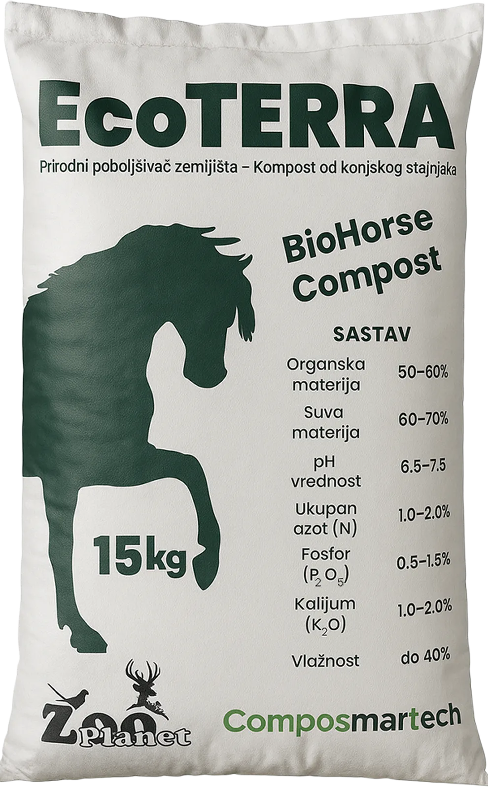 Kesa komposta EcoTERRA sa siluetom konja i informacijama o sastavu i težini od 15kg.