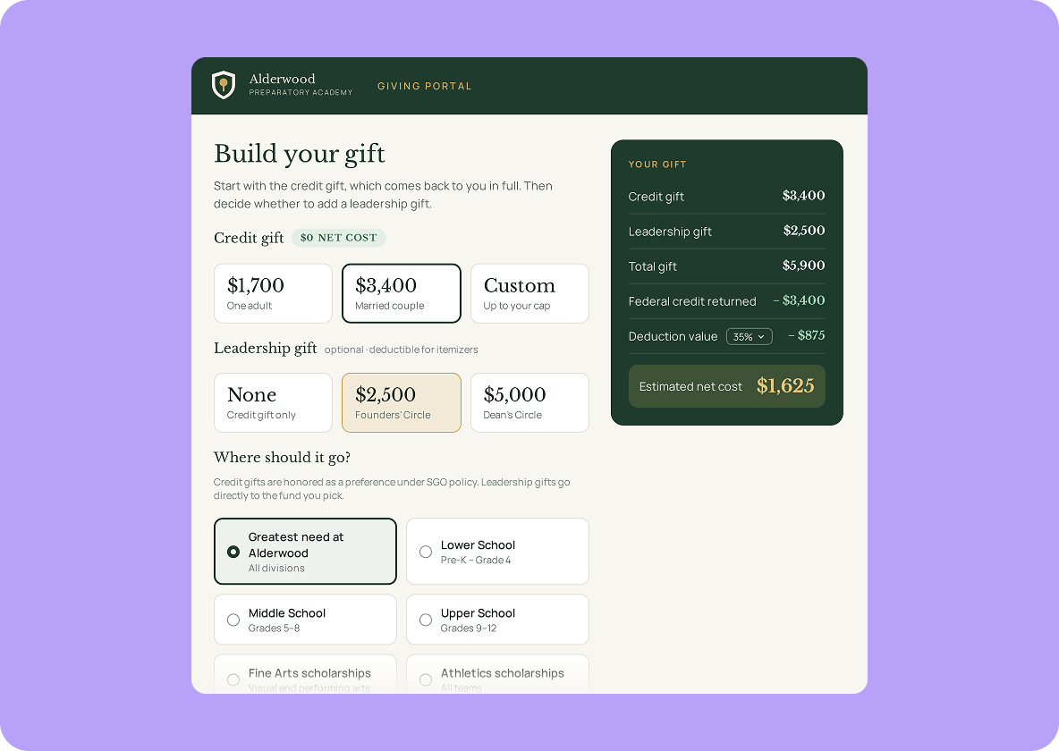 School-branded giving portal where donors build a gift, with a credit gift and optional leadership gift