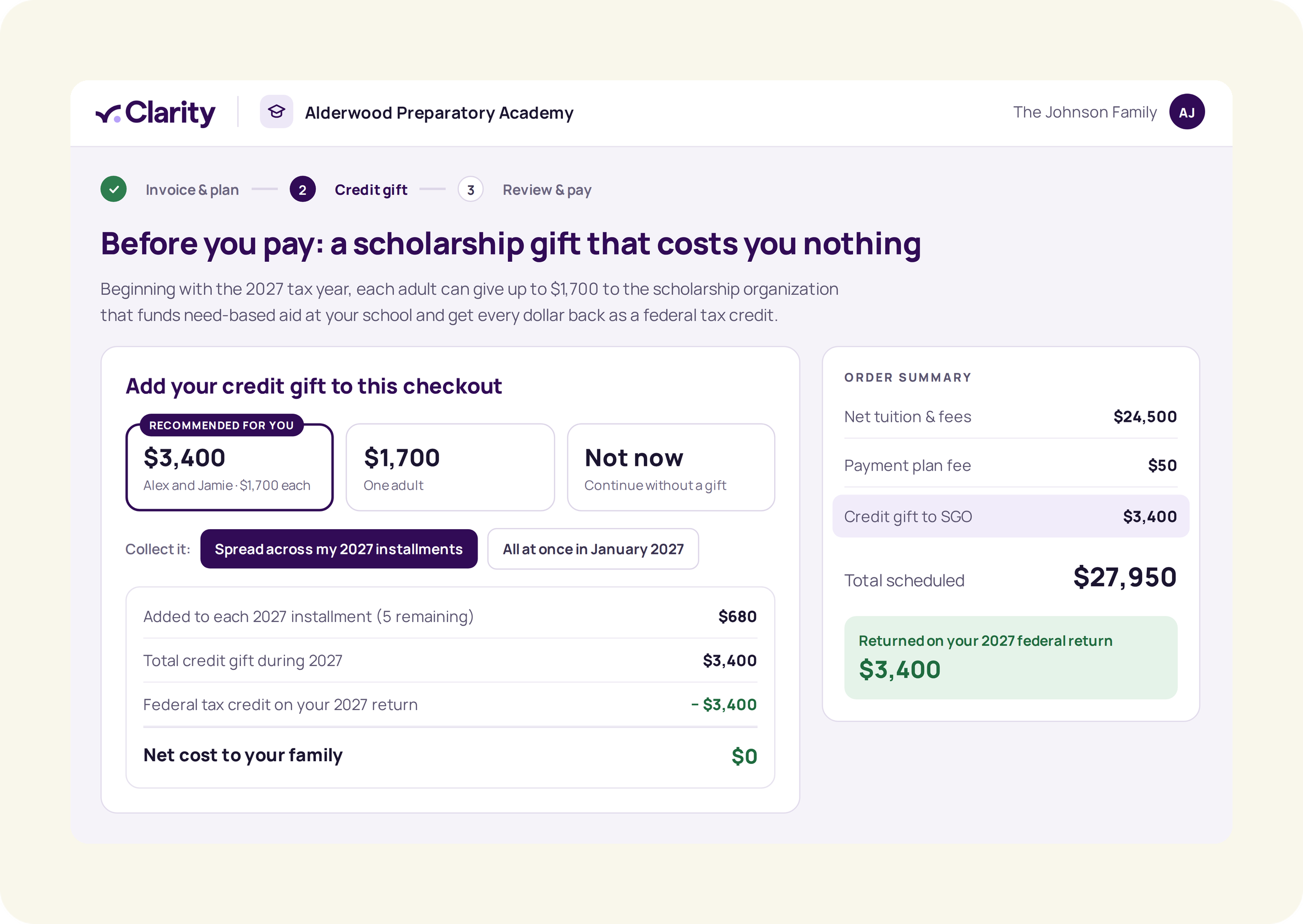 Checkout page offering a scholarship gift with a $0 net cost to the family