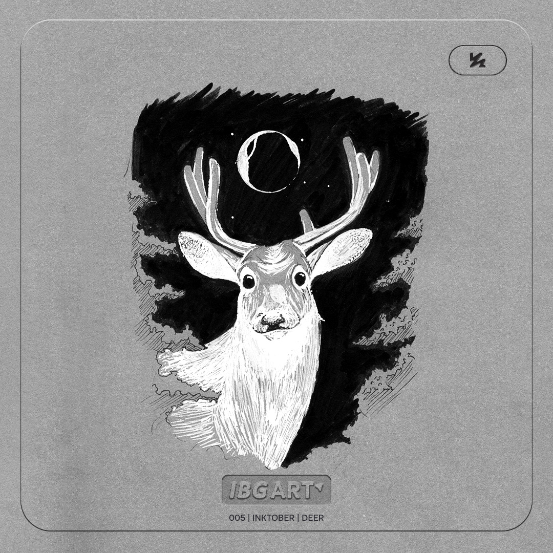 A drawing of a white deer at night