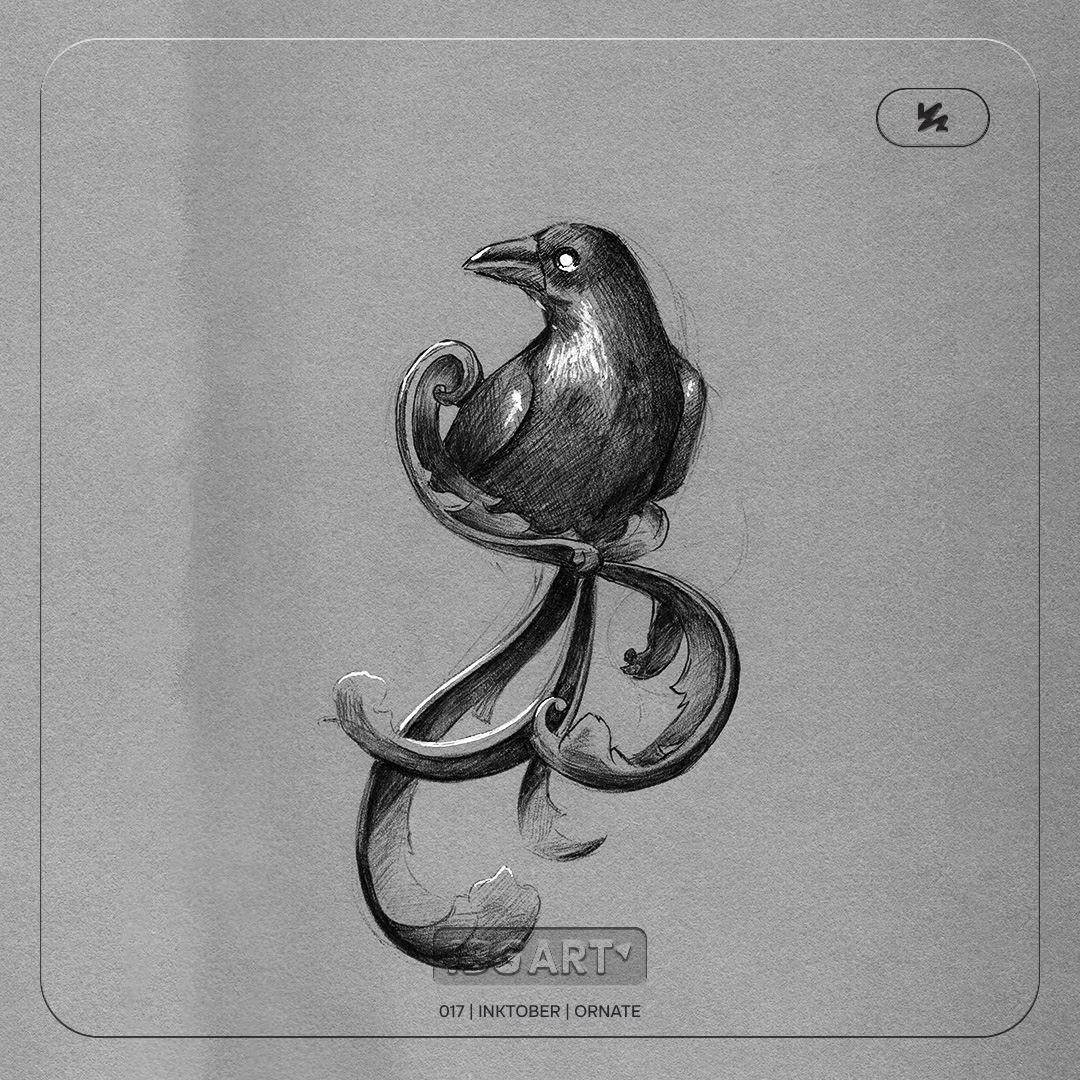 A drawing of a raven with ornate floral leafs underneath