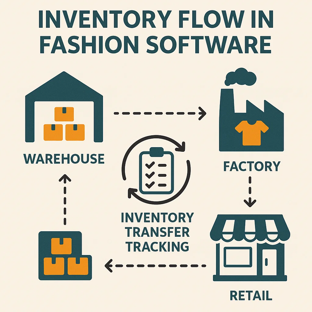 Fashion Software by AIMS360: Flow of inventory transfers across warehouses, factories, and retail locations, highlighting efficient tracking in the supply chain. Inventory & warehouse management system.