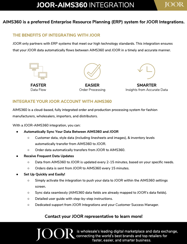 AIMS360 JOOR integration: Best wholesale fashion software, streamlining B2B order processing, inventory management, and linesheet updates for fashion businesses.