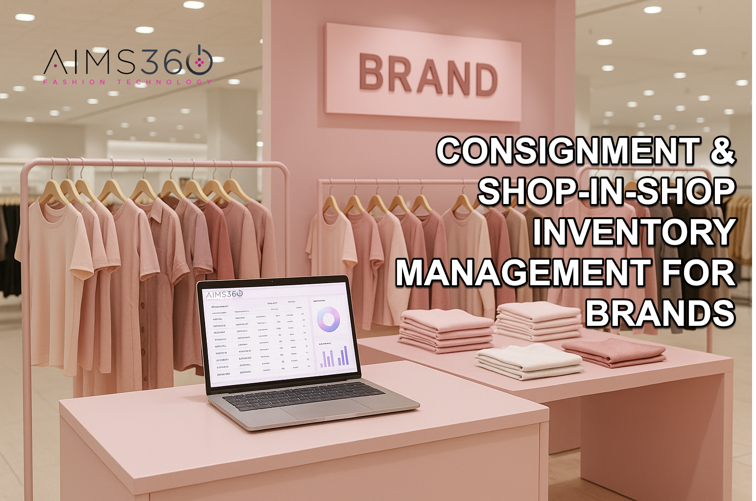 Consignment inventory management for fashion industry by AIMS360 apparel software and ERP. Shop-in-shop consignment, automated restocks, real-time inventory tracking, barcode scanning, and omnichannel retail integration with cloud-based fashion software.