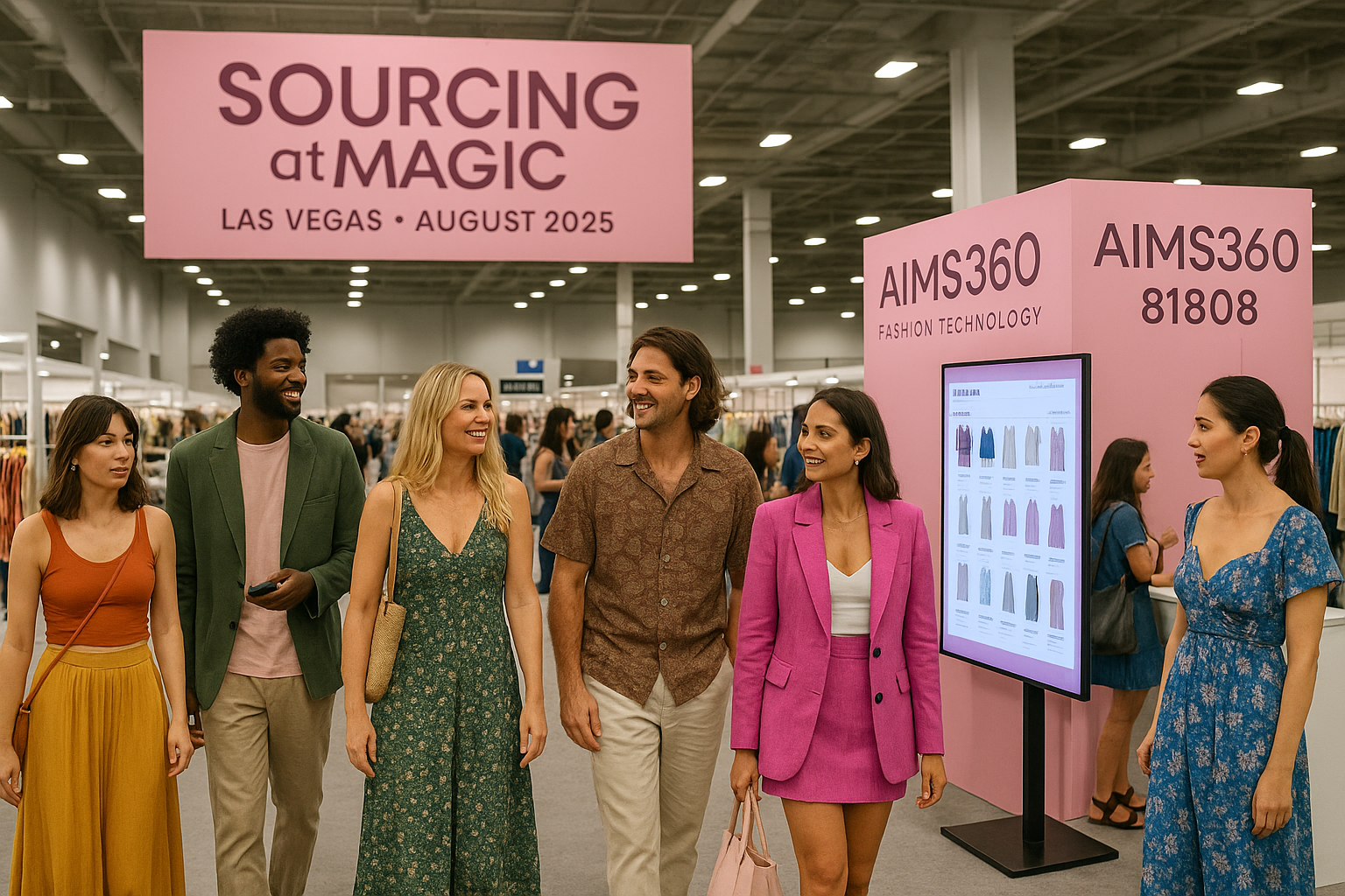 AIMS360 fashion ERP software and apparel business software at SOURCING at MAGIC Las Vegas 2025 Booth 81808, wholesale B2B order taking tools for apparel brands, digital linesheets, inventory management, fashion exhibitor booth, best software for fashion tr