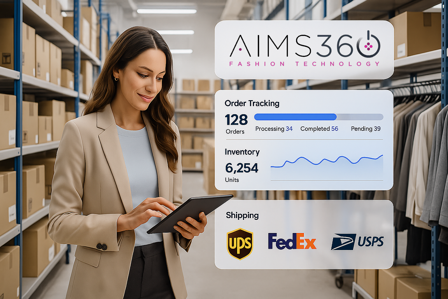 AIMS360 apparel ERP and order management system for fashion brands with integrated inventory management, multi-channel fulfillment, and fashion supply chain software for wholesale, retail, and eCommerce.