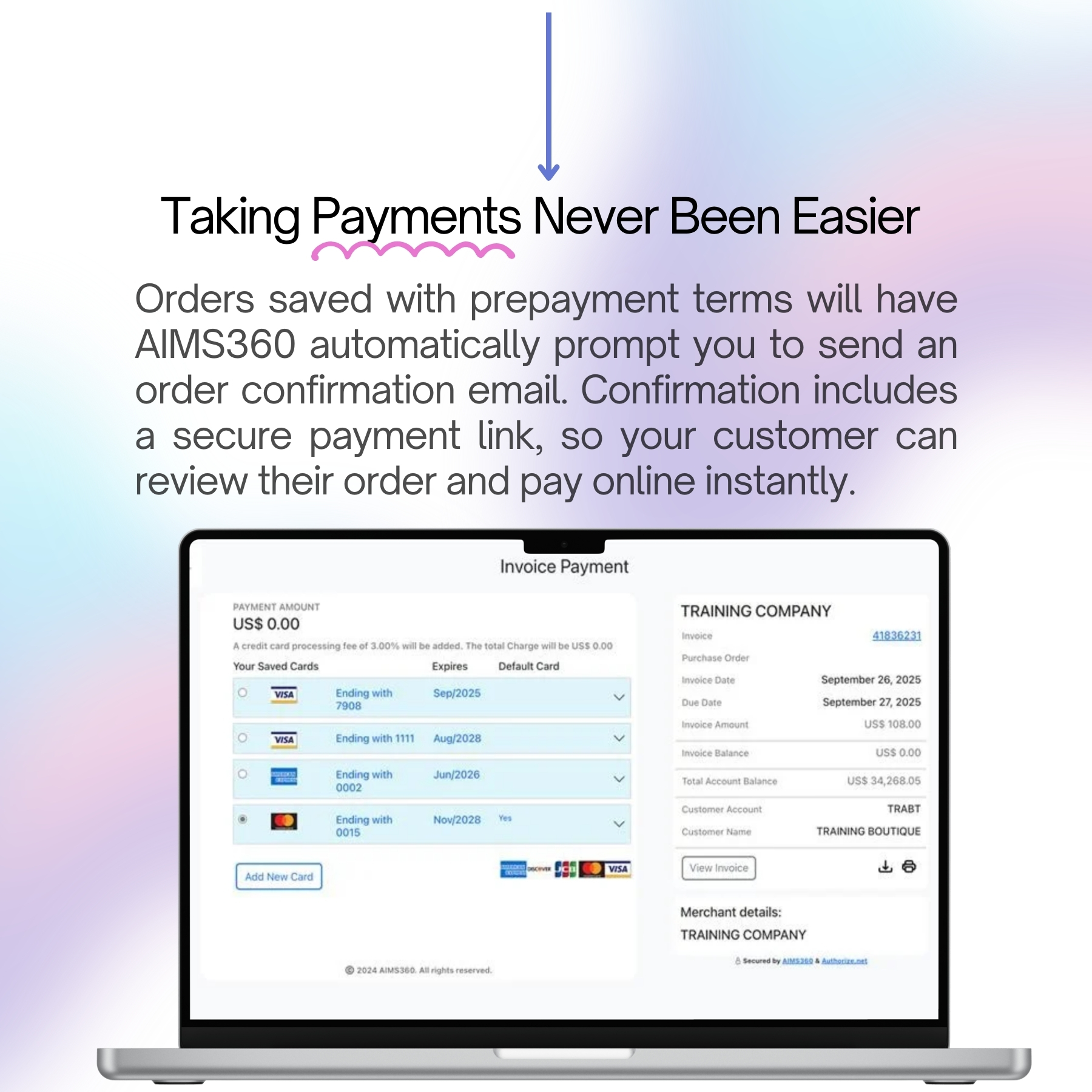AIMS360 apparel ERP wholesale B2B payments: credit card & ACH, invoice payment links, prepayments, pre-authorization, multi-currency, shipping calculation, deposits, omnichannel b2b order processing