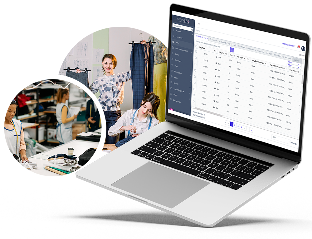AIMS360 production and PLM: bill of materials, costing, vendor purchase orders and cut ticket tracking for apparel brands
