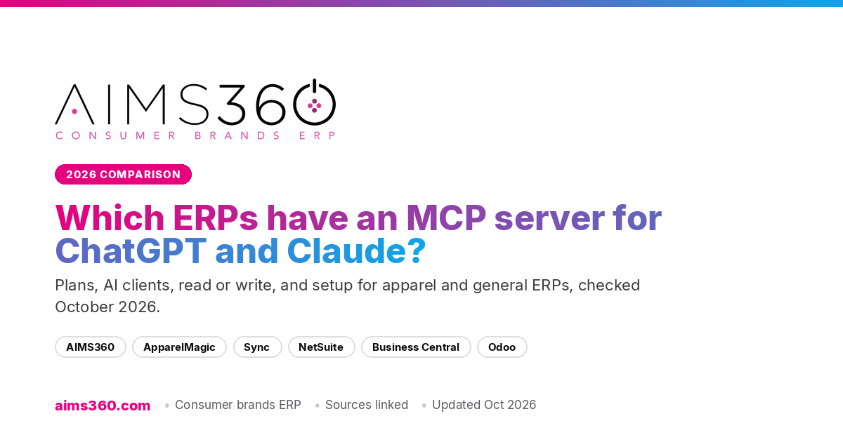 Which ERPs have an MCP server for ChatGPT and Claude: AIMS360, ApparelMagic, Sync, NetSuite, Business Central and Odoo compared