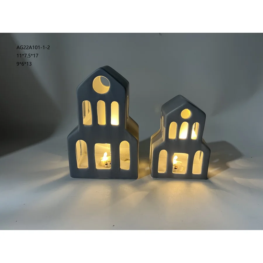 Dark gray ceramic house-shaped candle holders.