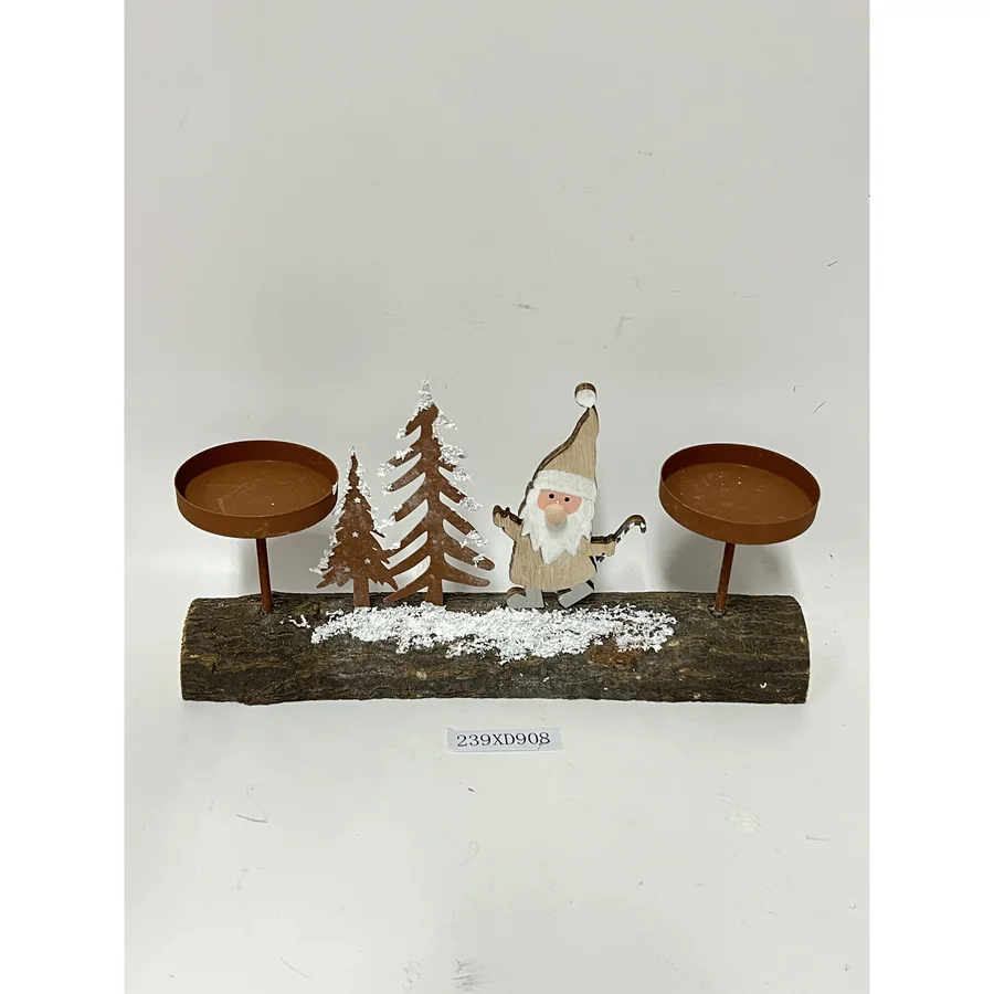 Wooden log with Santa and tree candle holders.