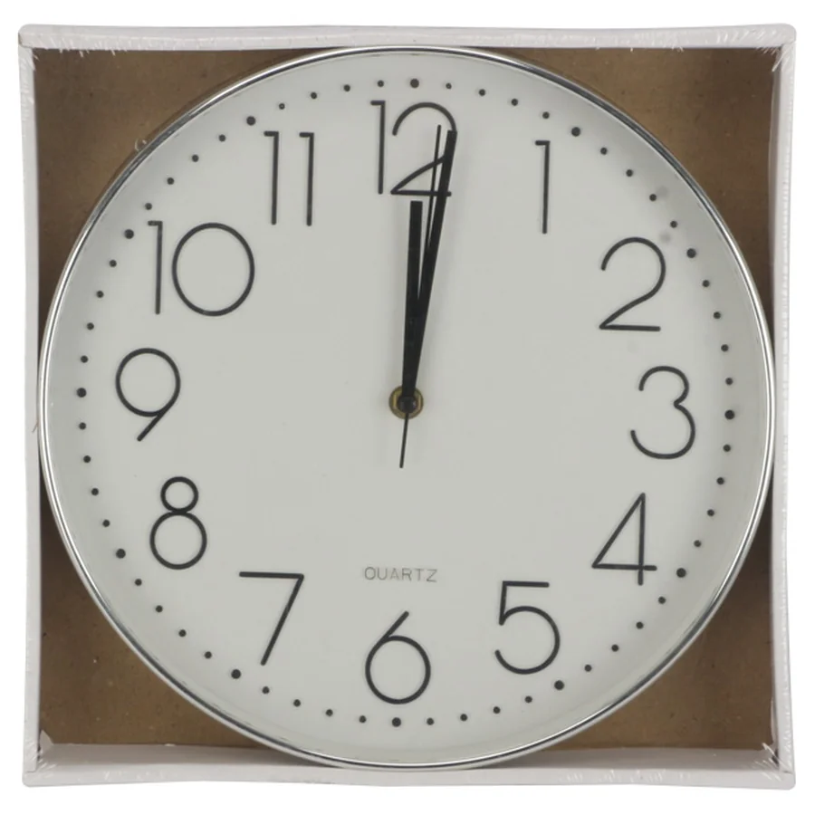 White ceramic wall clock with silver frame.