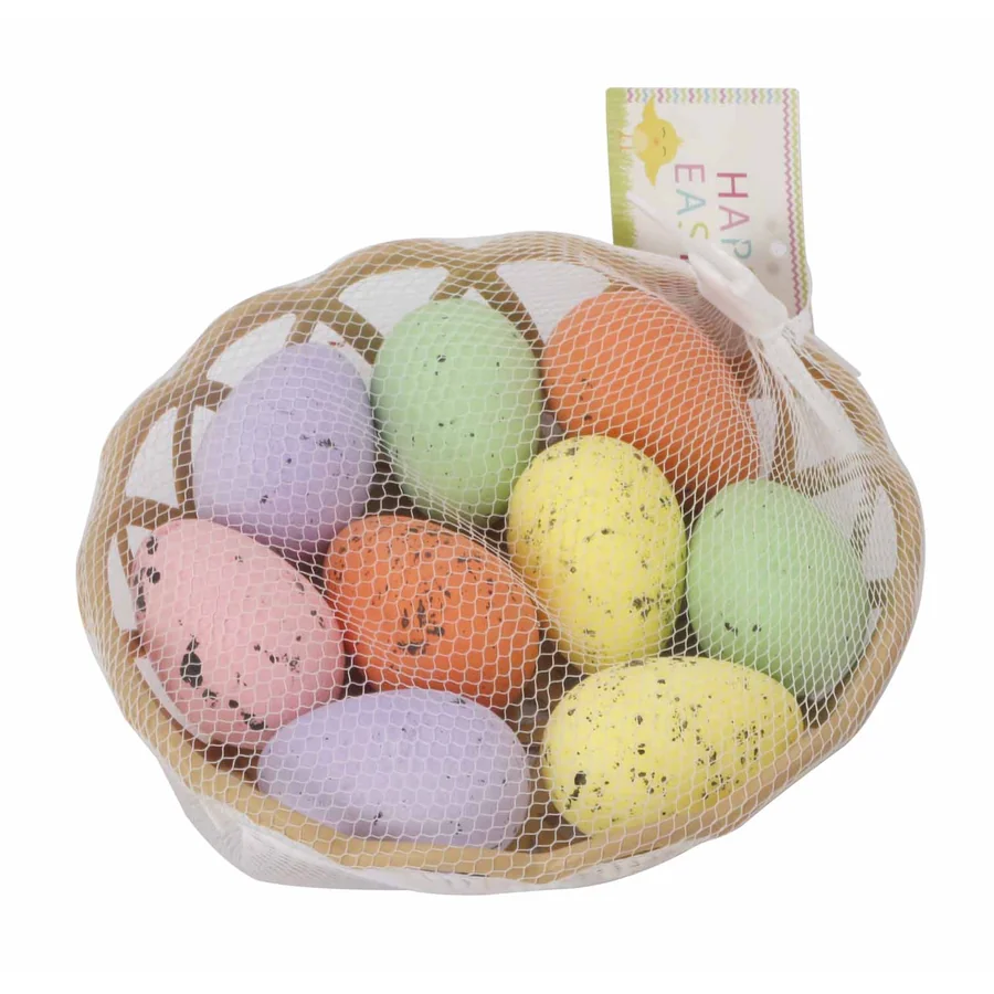Colorful speckled Easter eggs in mesh bag.