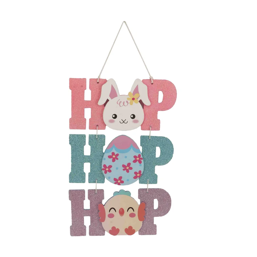 Wooden hanging Easter decoration with bunny and chick.