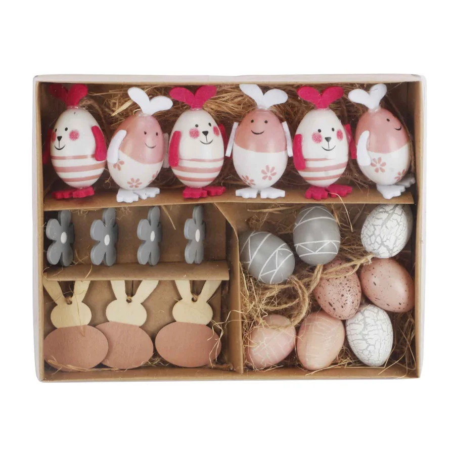 Wooden Easter egg and bunny decorations set.