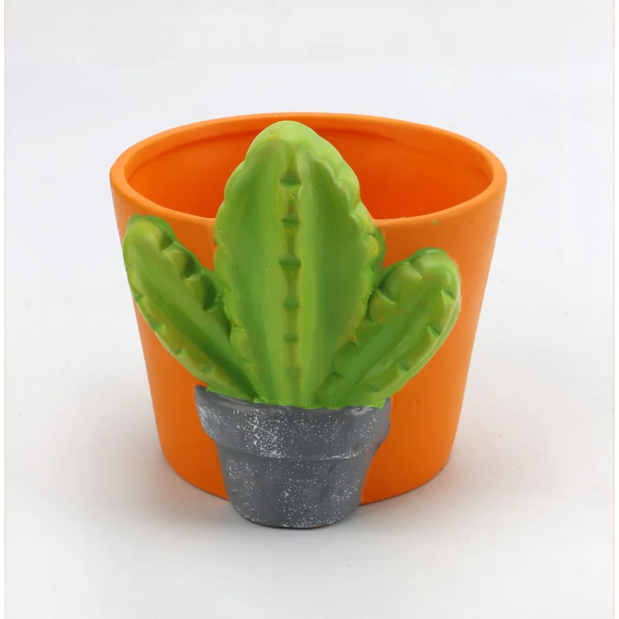 Orange plastic cactus-shaped planter.