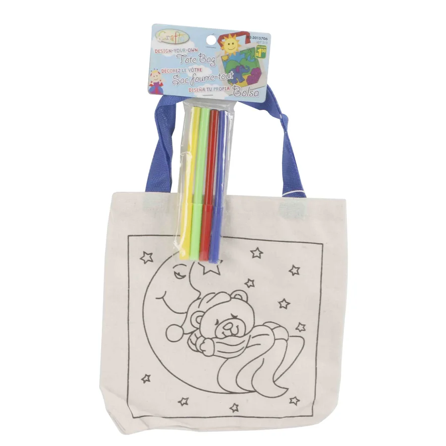 Canvas tote bag with coloring design and markers.