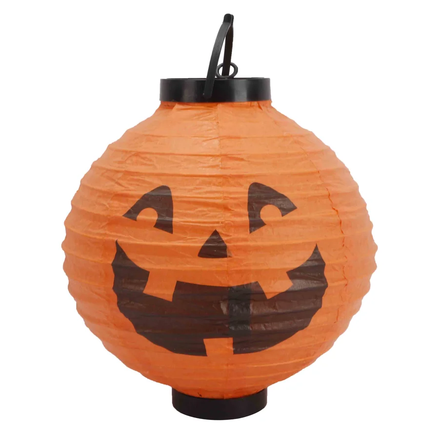 Orange paper lantern with jack-o'-lantern face.