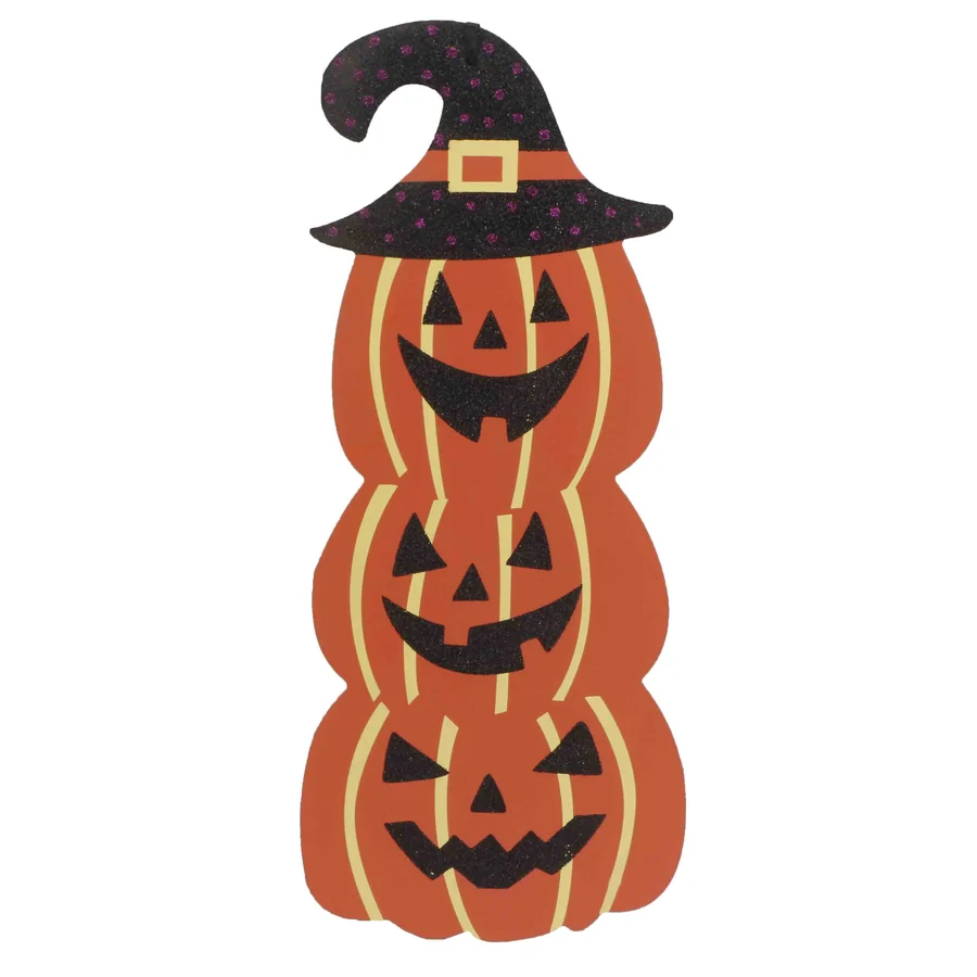 Wooden pumpkin jack-o'-lantern with witch hat.